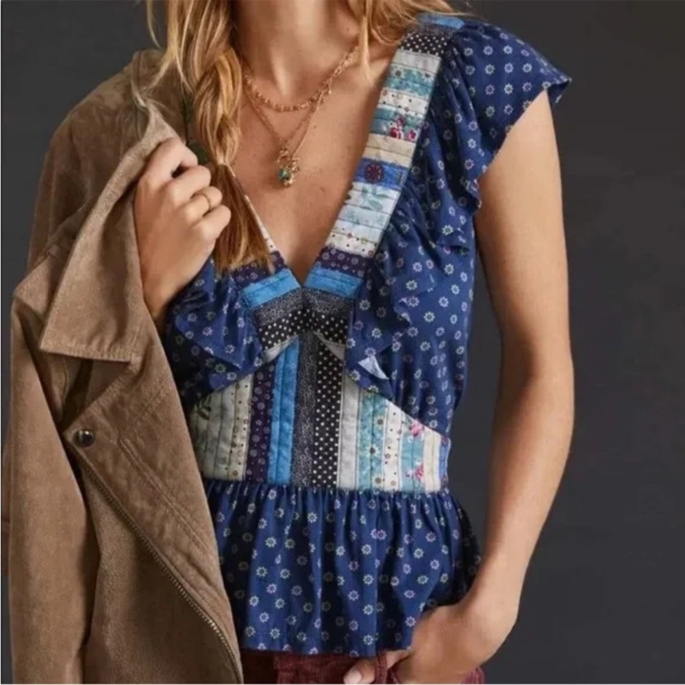 Anthropologie Blue Ruffled Peplum Blouse